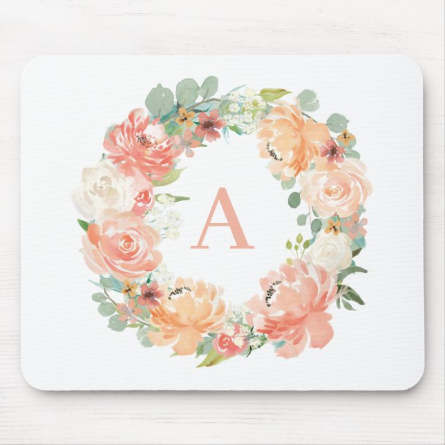 Pretty Peach Peonies Eucalyptus Wreath Monogram Mouse Pad (Front)