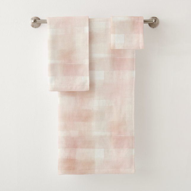 Pretty Peach Pink Cream Plaid Bath Towel Set (Insitu)