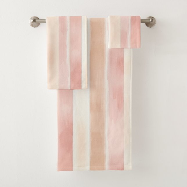 Pretty Peach Pink Cream Stripes  Bath Towel Set (Insitu)
