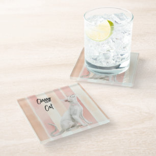 Pretty Peach Pink Cream Stripes Cat Glass Coaster