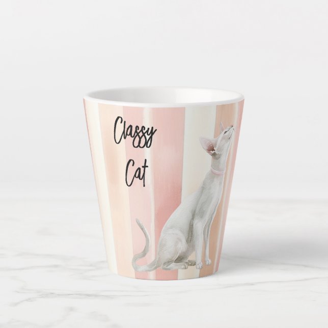 Pretty Peach Pink Cream Stripes Cat Latte Mug (Front)
