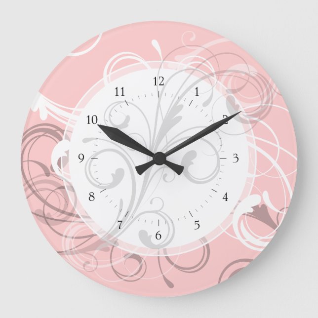 Pretty Peach Pink Retro Swirls Custom Colour Large Clock (Front)