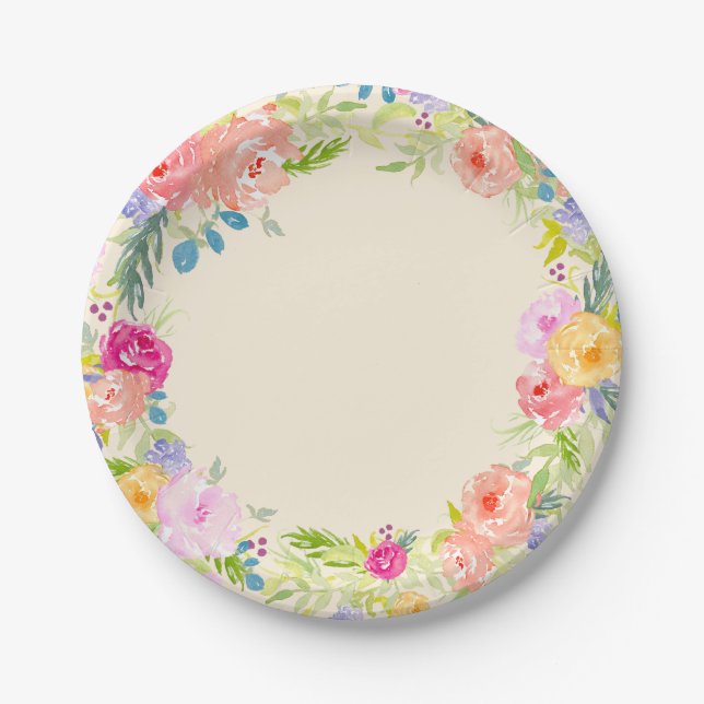 Pretty Peach Pink Watercolor Floral Paper Plate (Front)