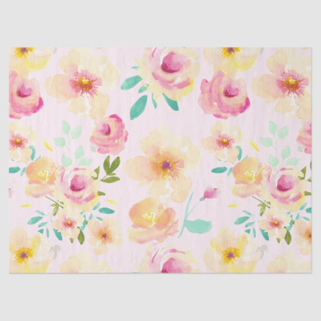 Pretty Peach Pink Yellow Watercolor Floral Tissue Paper (Front)