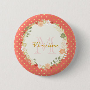 Pretty Peach Polka Dot Floral Name and Monogram 2 Inch Round Button
