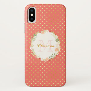 Pretty Peach Polka Dot Floral Name and Monogram Case-Mate iPhone Case