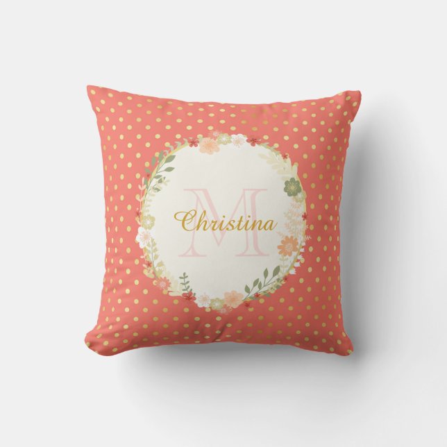 Pretty Peach Polka Dot Floral Name and Monogram Throw Pillow (Front)