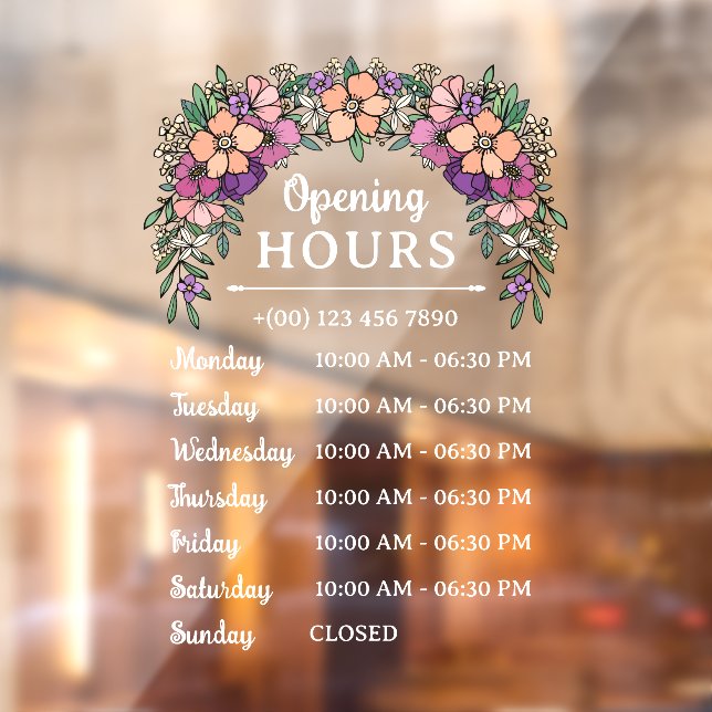 Pretty Peach & Purple Floral Open Hours Business Window Cling (Sheet 2)