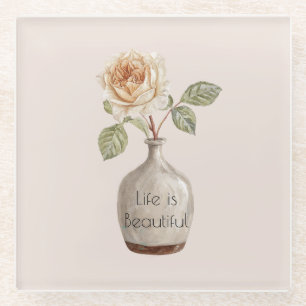 Pretty Peach Rose Flower in Vase Glass Coaster