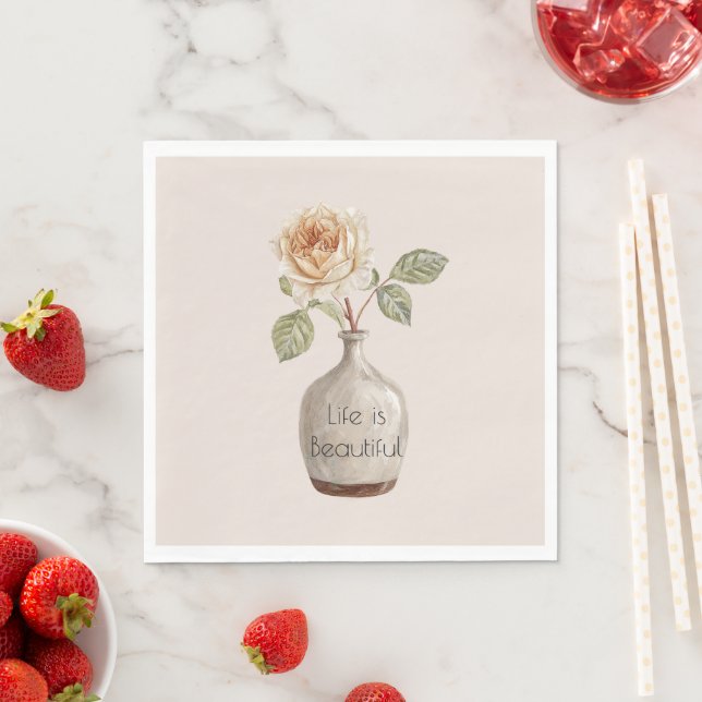 Pretty Peach Rose Flower in Vase   Napkin (Insitu)
