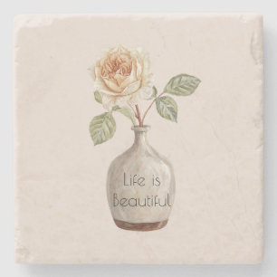 Pretty Peach Rose Flower in Vase   Stone Coaster