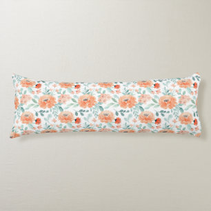 Pretty Peach Watercolor Floral Green Leaves White Body Pillow