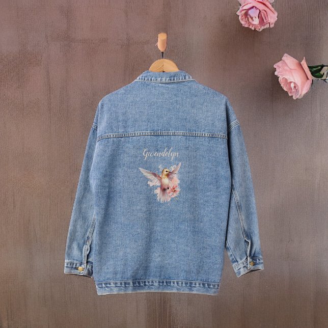 Pretty Peachy Pink Hummingbird with Monogram Name Denim Jacket (Creator Uploaded)