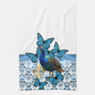 Pretty Peacock and blue butterflies Kitchen Towel