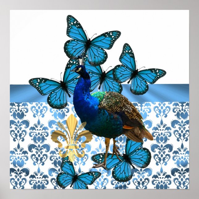 Pretty Peacock and blue butterflies Poster (Front)