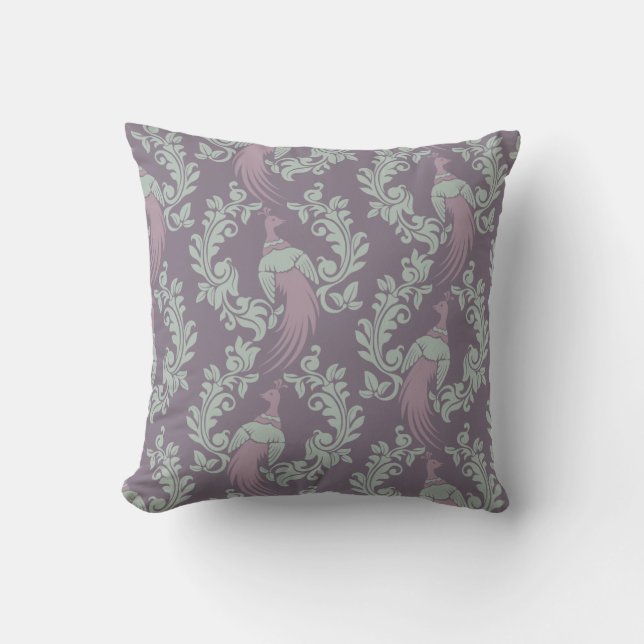 Pretty Peacock Damask Pattern Throw Pillow (Front)