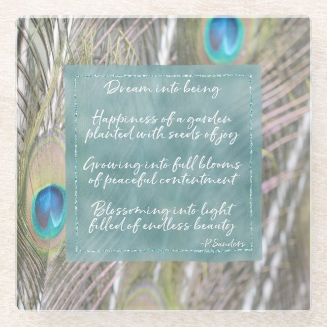Pretty Peacock Feathers Dream Poem      Glass Coaster (Front)