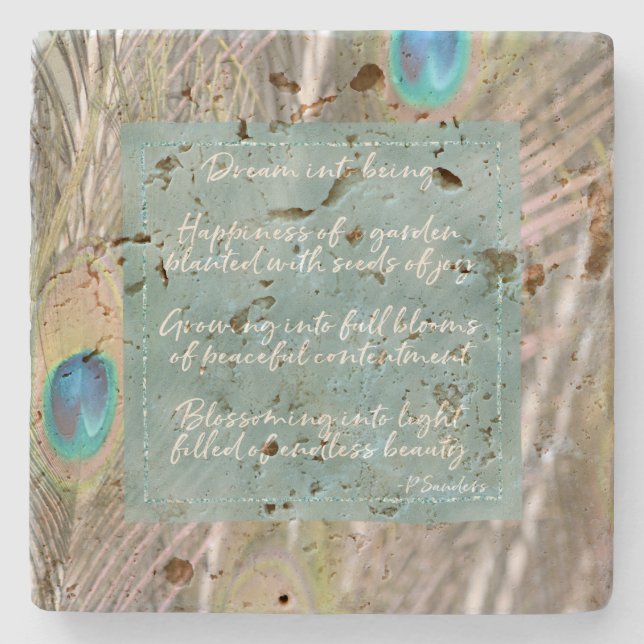 Pretty Peacock Feathers Dream Poem    Stone Coaster (Front)