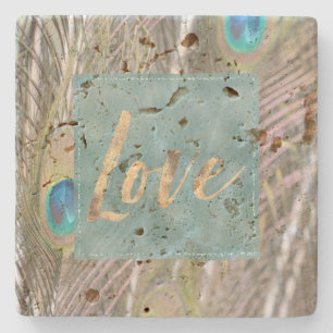 Pretty Peacock Feathers Gold Love Stone Coaster