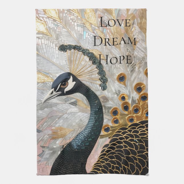 Pretty Peacock Gold Christmas Kitchen Towel (Vertical)