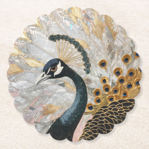 Pretty Peacock Gold Christmas Paper Coaster