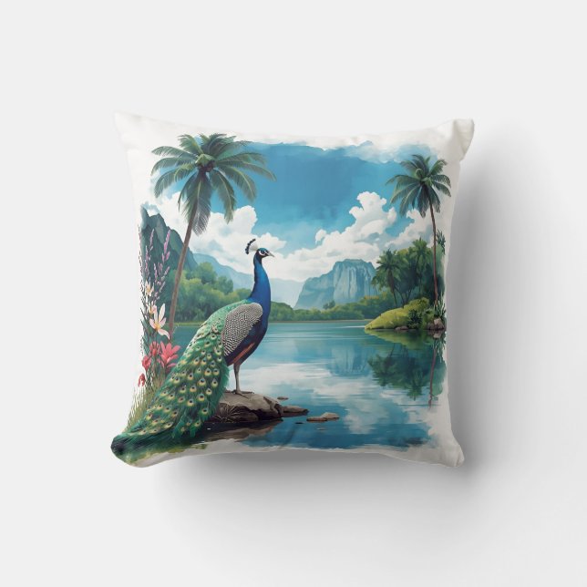 Pretty Peacock in a Tropical Paradise Throw Pillow (Front)