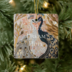 Pretty Peacock Pink Gold Christmas Ceramic Ornament