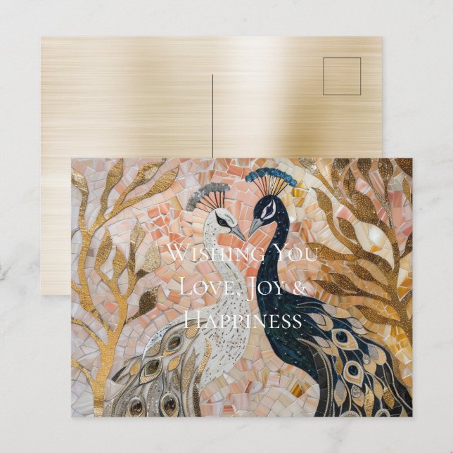 Pretty Peacock Pink Gold Christmas Postcard (Front/Back)