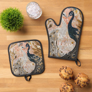 Pretty Peacock Pink Gold Glam  Oven Mitt & Pot Holder Set
