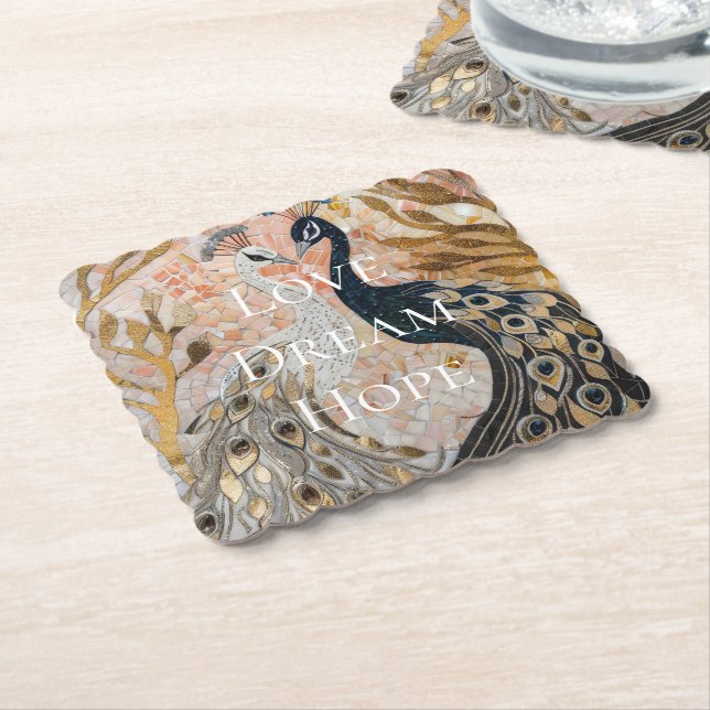 Pretty Peacock Pink Gold Glam  Paper Coaster (Angled)