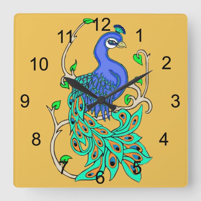 Pretty Peacock Square Wall Clock (Front)