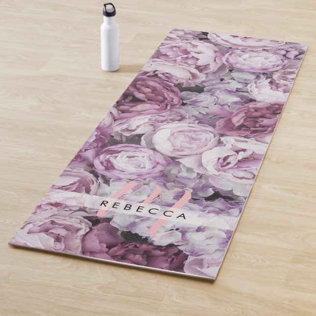 Pretty Peony Pink Roses Floral Monogram Yoga Mat (In Situ)