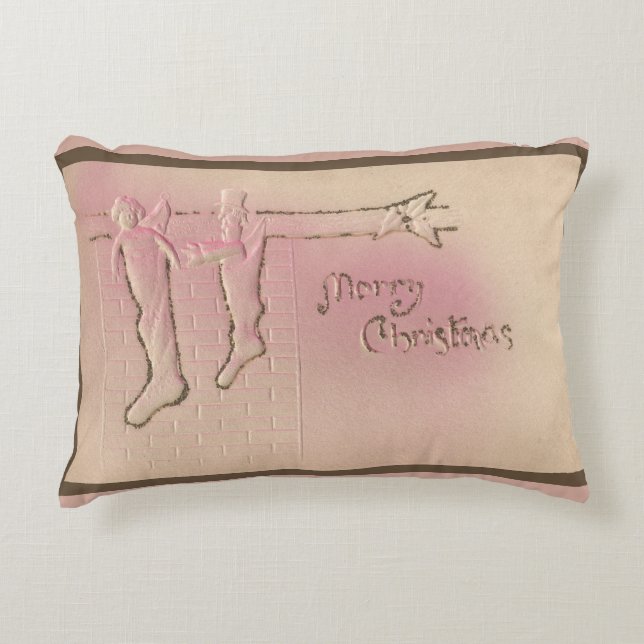 Pretty Peppermint Pink Vintage Christmas Postcard Accent Pillow (Front)