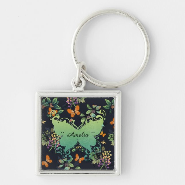Pretty Personalised Dark Floral Butterfly Pattern Keychain (Front)