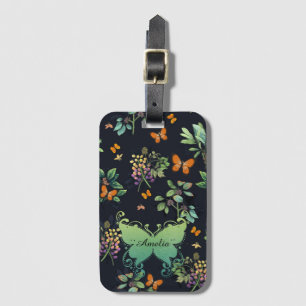 Pretty Personalised Dark Floral Butterfly Pattern Luggage Tag