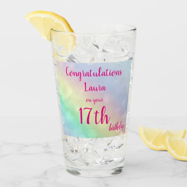 Pretty personalised Happy 17th Birthday Glass (Front Ice)