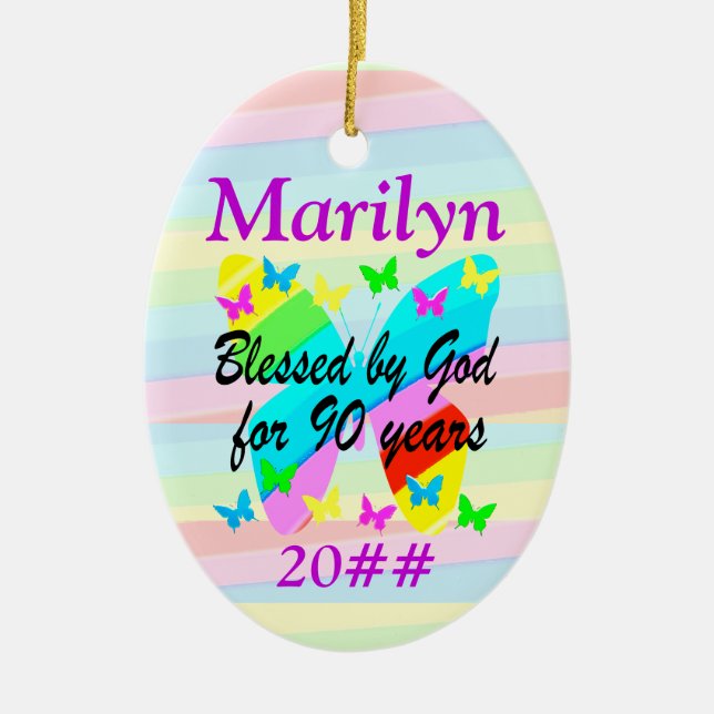 PRETTY PERSONALIZED 90TH BIRTHDAY ORNAMENT (Front)