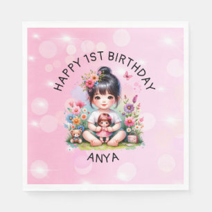 Pretty Personalized Asian Girl and Doll Birthday  Napkin