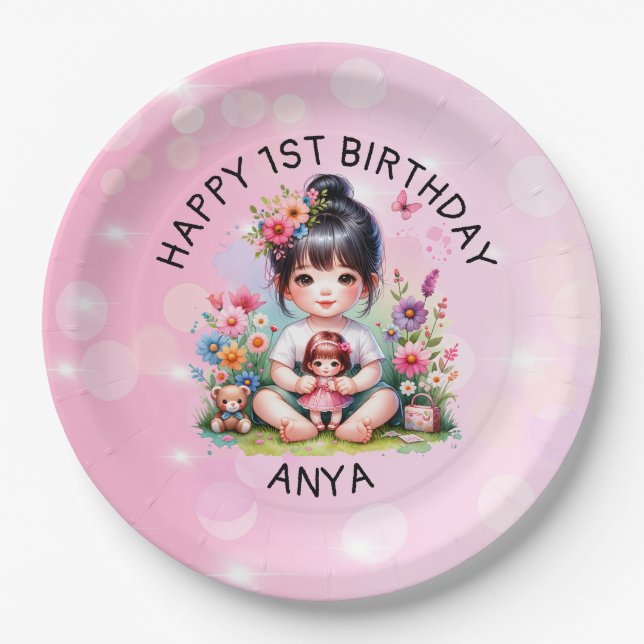 Pretty Personalized Asian Girl and Doll Birthday  Paper Plate (Front)
