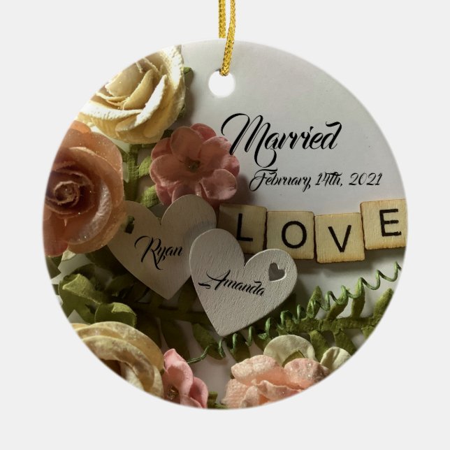Pretty Personalized Bride & Groom Floral Married Ceramic Ornament (Front)