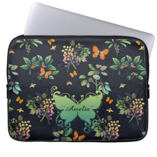 Pretty Personalized Dark Floral Butterfly Pattern Laptop Sleeve