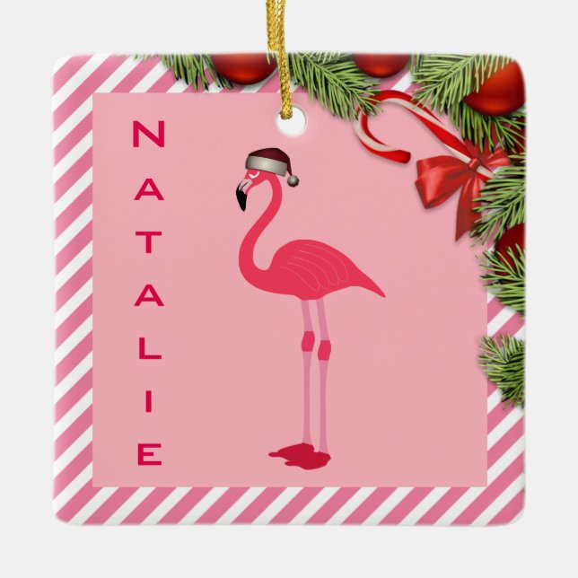 Pretty Personalized Flamingo Ceramic Ornament (Front)
