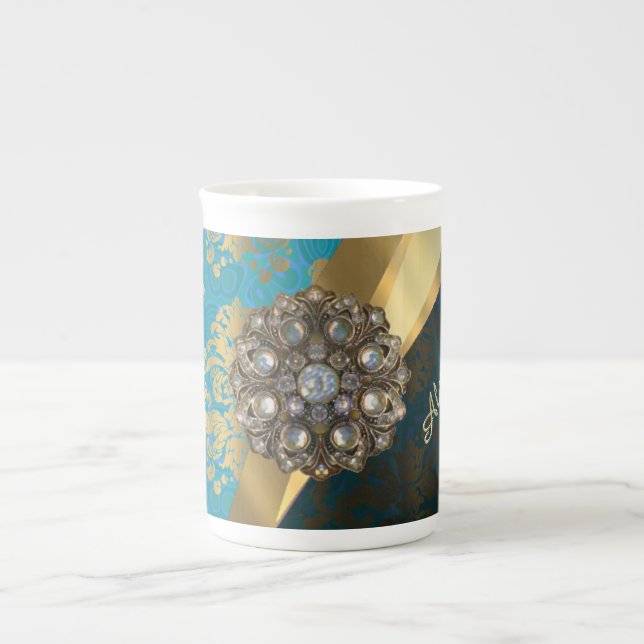 Pretty personalized girly aqua damask pattern bone china mug (Front)