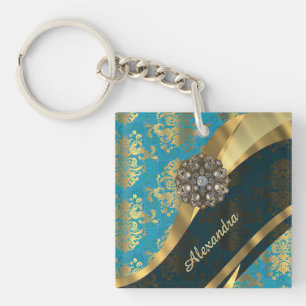 Pretty personalized girly aqua damask pattern keychain