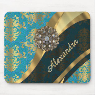 Pretty personalized girly aqua damask pattern mouse pad