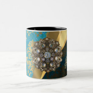 Pretty personalized girly aqua damask pattern Two-Tone coffee mug