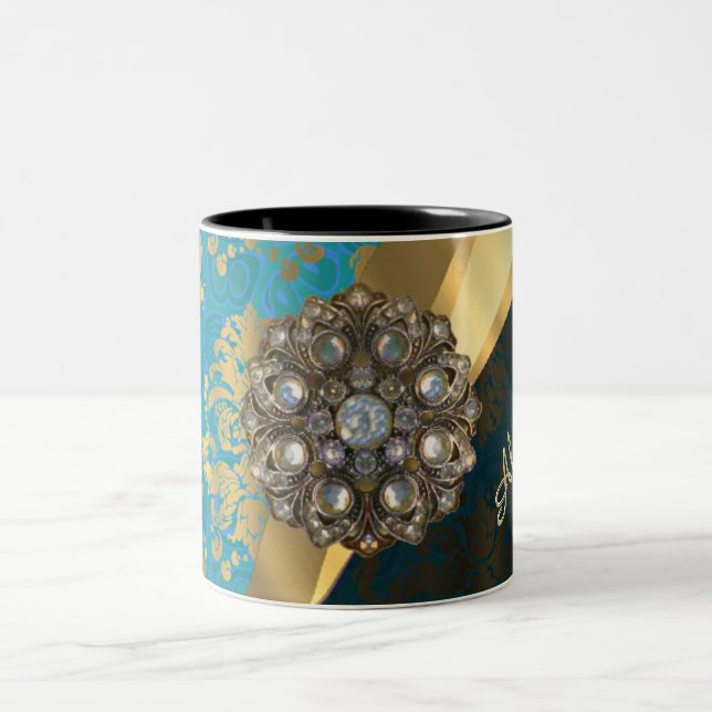 Pretty personalized girly aqua damask pattern Two-Tone coffee mug (Center)