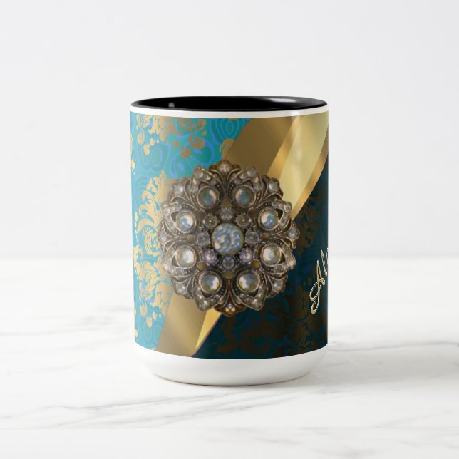 Pretty personalized girly aqua damask pattern Two-Tone coffee mug (Center)