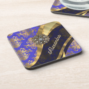Pretty personalized girly blue damask pattern coaster