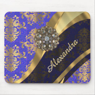 Pretty personalized girly blue damask pattern mouse pad